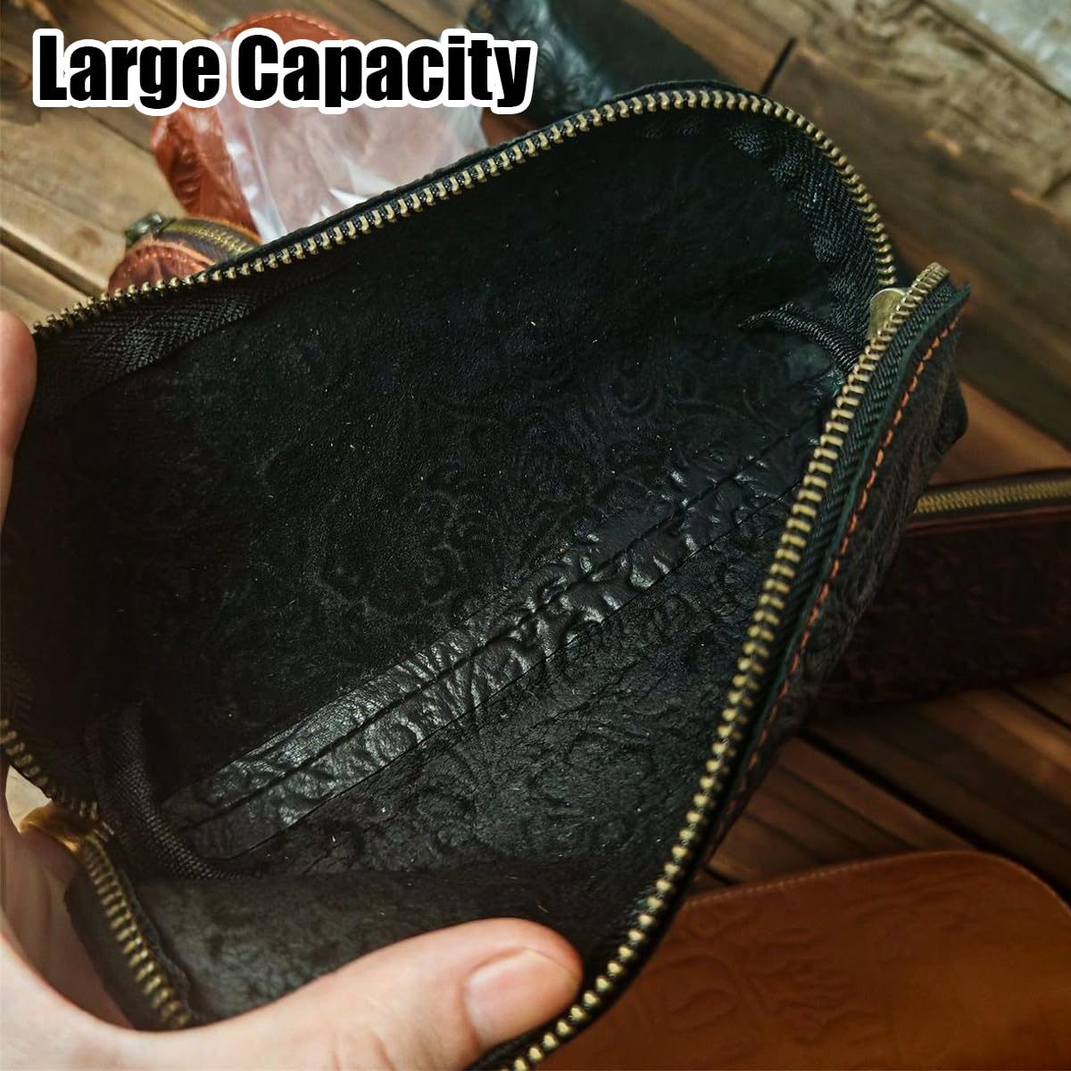 XQIGI Vintage Leather Pen Case, Handcrafted Genuine Leather Zippered Fountain Pen Pouch, Flower Makeup Holder Stationery Bag for Men and Women(Black)