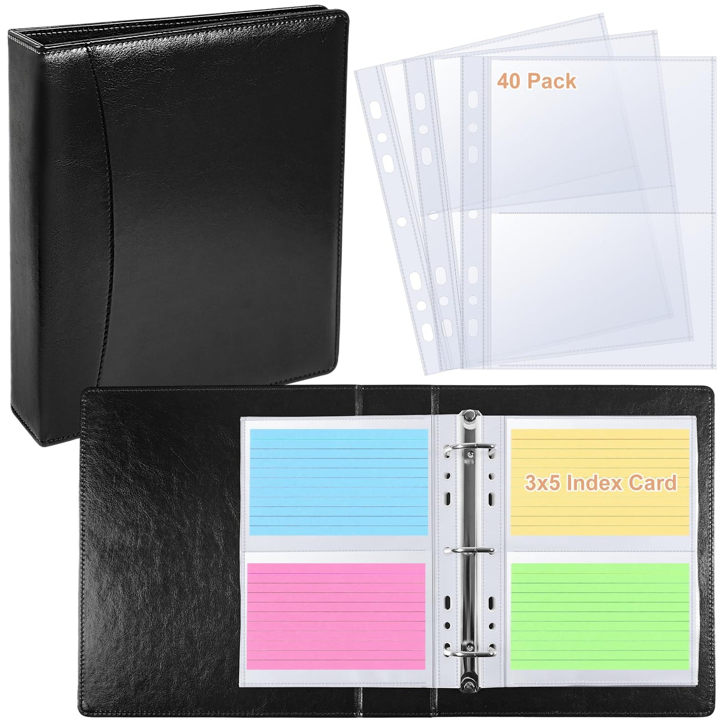 BYSTER 3x5 Index Card Holder, 40 Pack 160 Pockets A5 Binder Index Card Sleeve Pages, Ultra-Clear Protective Sleeves Faux Leather Index Card Binder for Photos, Seed Packets & Note, Side Loading
