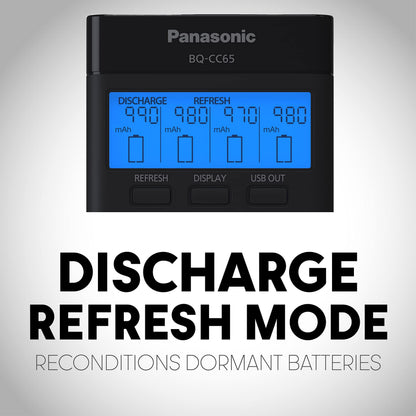 Panasonic BQ-CC65AKBBA Super Advanced eneloop pro and eneloop 4-Position Quick Charger with LCD Indicator Panel and USB Charging Port, Black