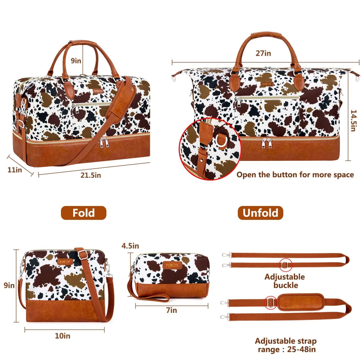 Weekender Bag for Women, Travel Duffel Bag Carry On Overnight Bag with Shoe Compartment Large Nylon Travel Weekend Tote Bag, 5-Brown Cow