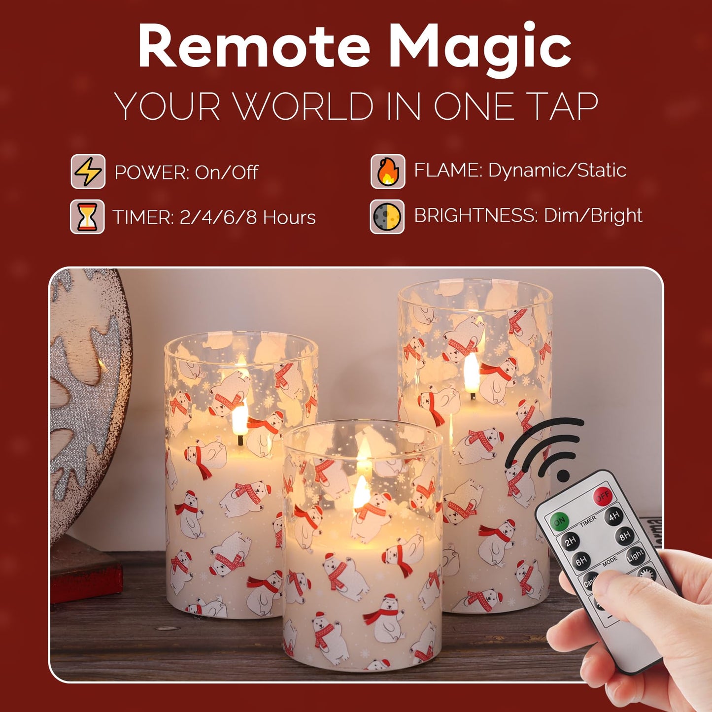 Eywamage Christmas Glass Flameless Pillar Candles with Remote, Flickering LED Battery Candles Bear Holiday Winter Table Decor Gift Set of 3
