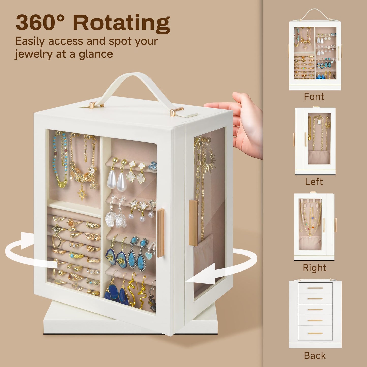 DUMIROICS 360° Rotating 5‑Drawers Jewelry Box with Top Handle & Glass Window, Spacious Vertical Jewelry Organizer, Jewelry Storage Case, Dustproof & Moisture‑resistant Design. (White)