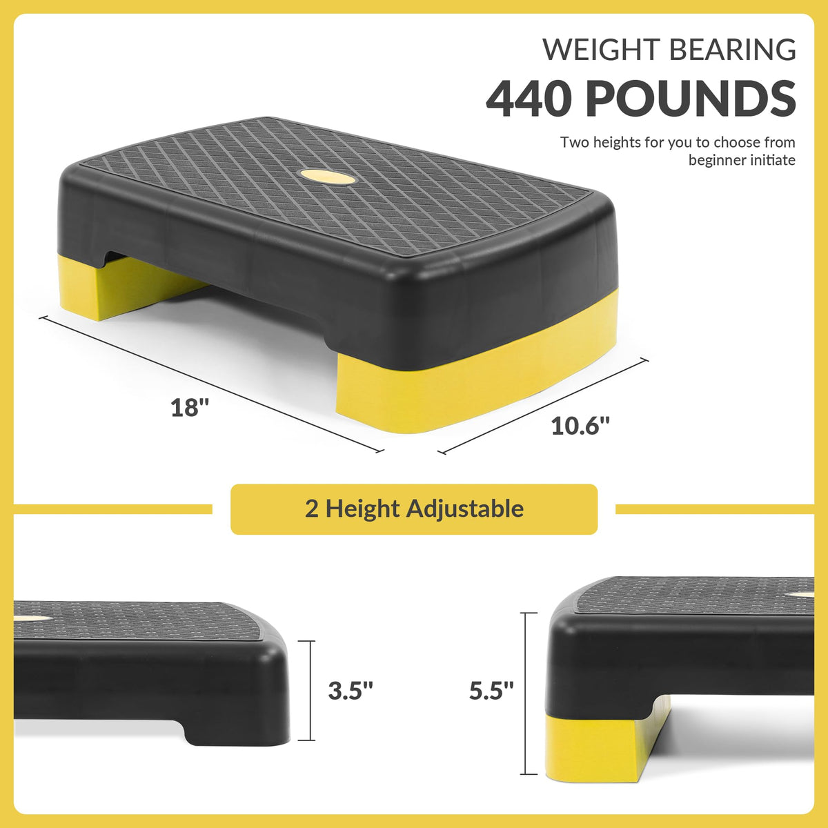 Fitvids 18" Aerobic Step Platform, Workout Stepper with Adjustable 2 Stackable Risers 3" 5.5" for Home Gym Small Space, Exercise Step, Yellow/Black