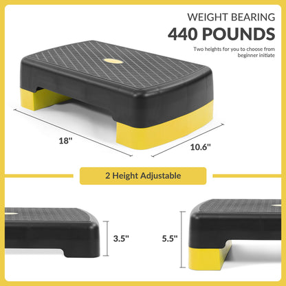 Fitvids 18" Aerobic Step Platform, Workout Stepper with Adjustable 2 Stackable Risers 3" 5.5" for Home Gym Small Space, Exercise Step, Yellow/Black