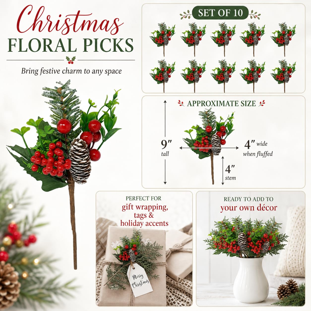 Christmas Floral Picks Set of 10, Snow Tipped Pinecone Greenery Picks with Red Berries, 9 Inch Bendable Stems - Wreaths Garland Christmas Tree Centerpieces Floral Arrangements & Crafts