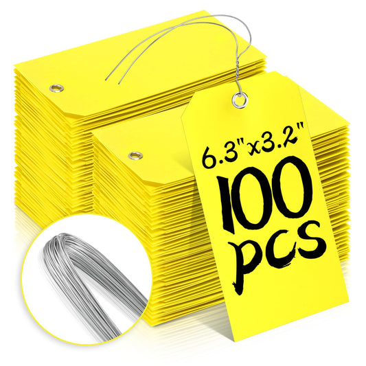 100 Pcs Waterproof Tags Writable Plastic Tags for Labeling Tag with Wire Tie Large Heavy Duty Tags Moving Tags Pipe Tags for Outdoors Car Garage Storage Box Equipment Parts (Yellow, 6 1/4" x 3 1/8")