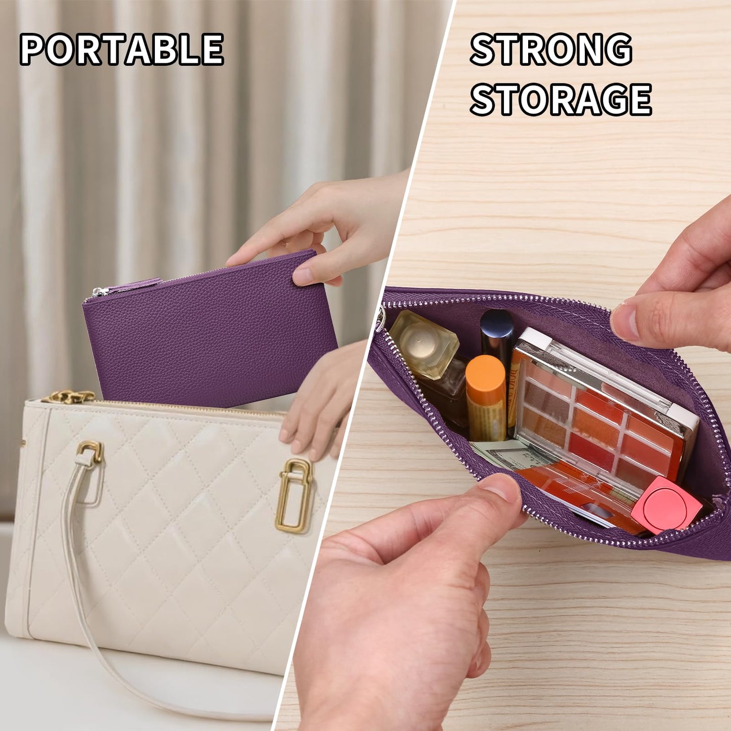 Genuine Leather Zipper Purse, Travel Makeup Bag With Zipper for Men Women Coin Bag Lipstick Cosmetic Accessories Organizer, Travel Kit Storage Pouch (Purple)