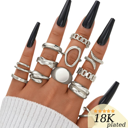 FAXHION 12PCS Gold Stackable Rings Set for Women, 18K Gold Plated Open Stacking Knuckle Ring, Adjustable Chunky Signet Band Statement Ring for Gift
