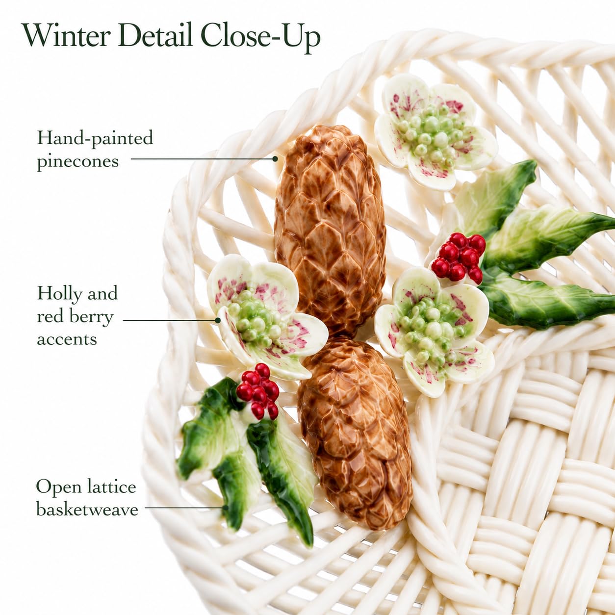 Belleek Classic Wild Irish Hedgerow Winter Basket - Boho Room Decor, Decorative Storage Baskets, Adorned with Pinecones, Holly, and Christmas Rose, 7”D x 1.5”H