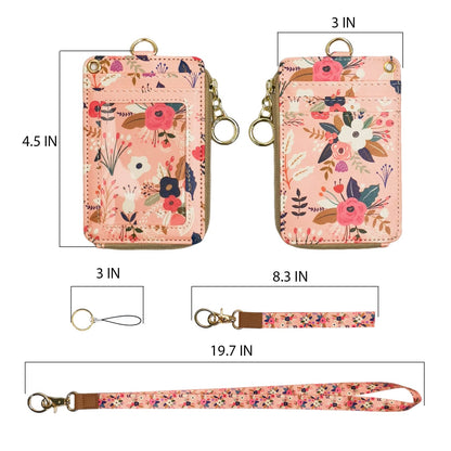 bolimoss Lanyard with Wallet,Zip ID Case with Lanyard,Lanyard Badge Holder,Lanyard Wallet for Women,Fashion Lanyard Wallet, ID Case Wallet with Lanyard（Pink Floral）