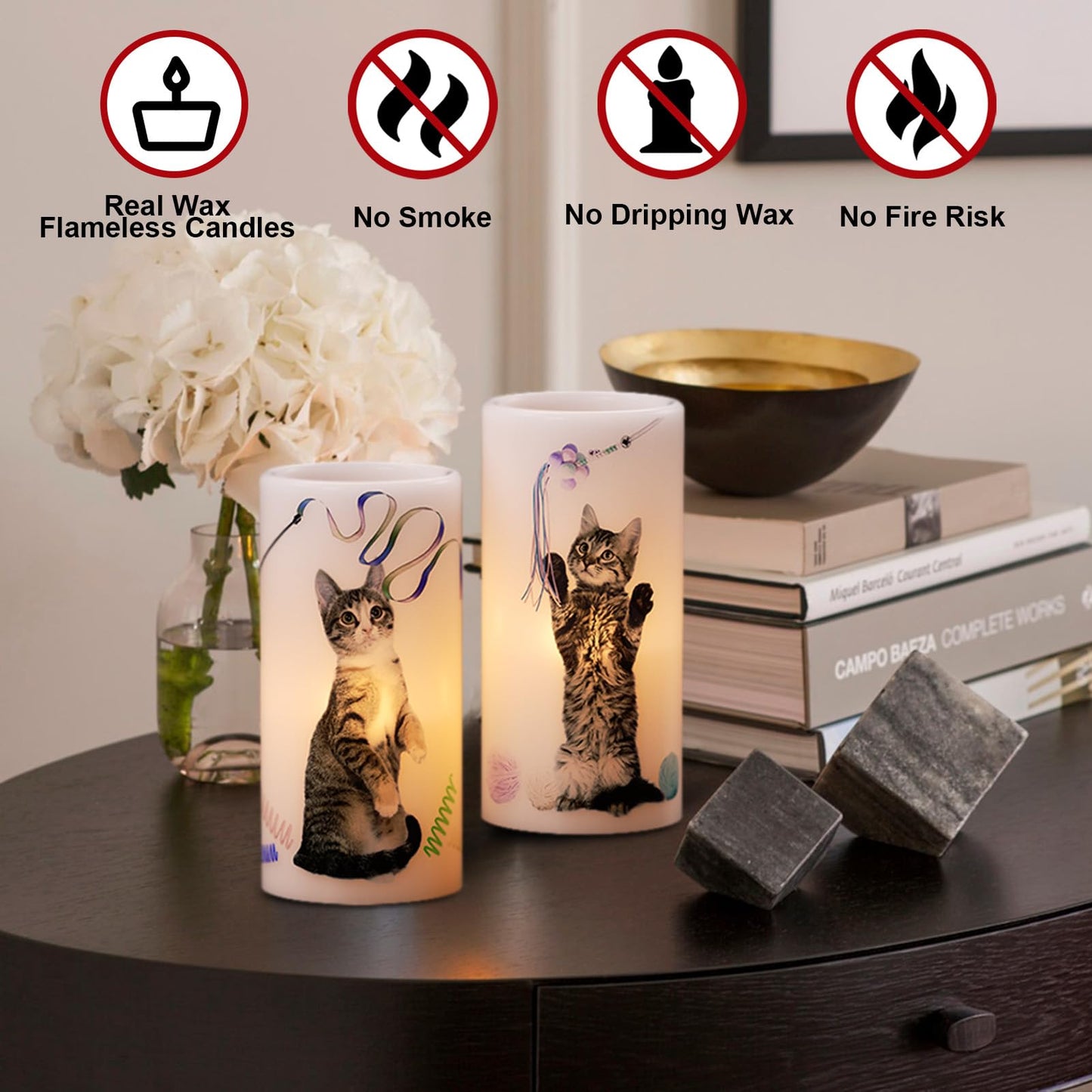 Wondise Flameless Flickering Candles with 6H Timer, Battery Operated Real Wax Pillar Candles with Lovely Cat Decal for Christmas Home Decoration Gifts
