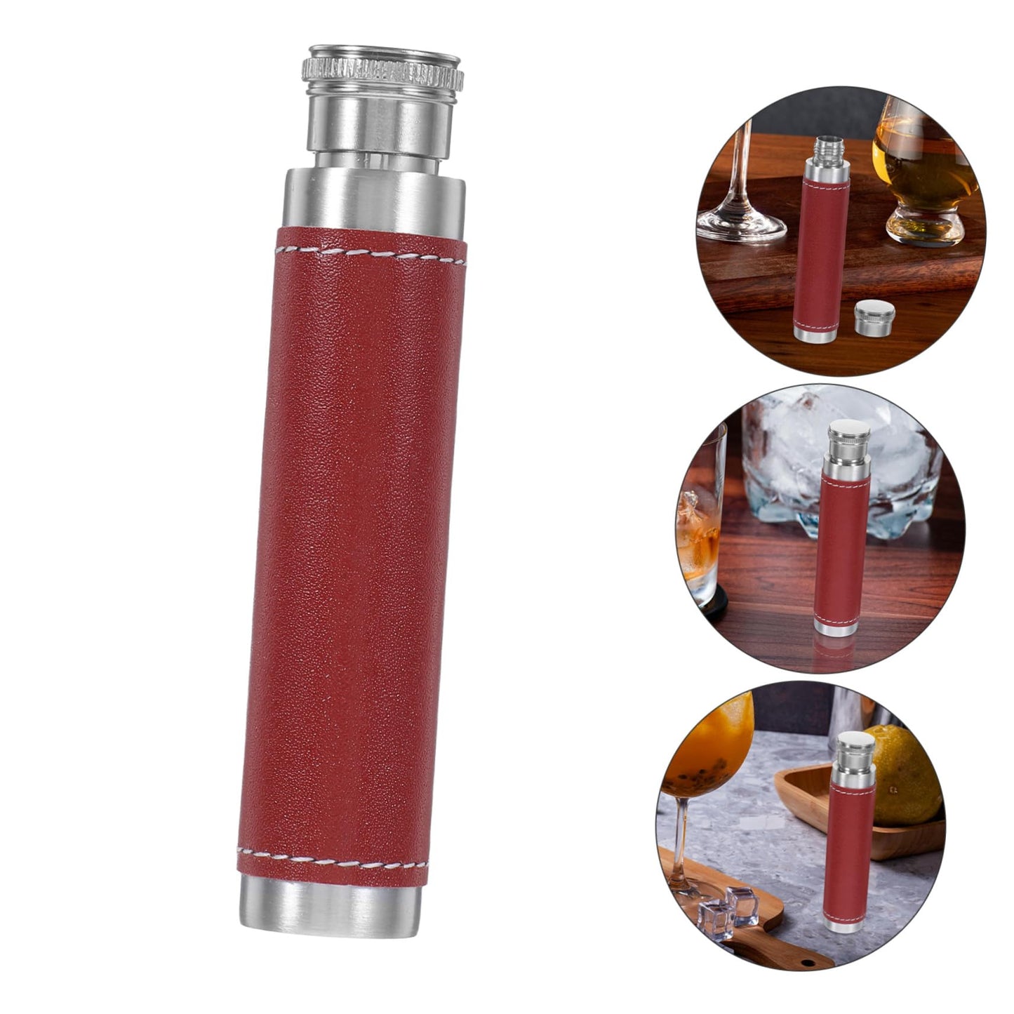OFFSCH 1pc Stainless Steel Portable Wine Tube Leather Cover Compact Outdoor Wine Flask for Travel Round Base Design for Silver