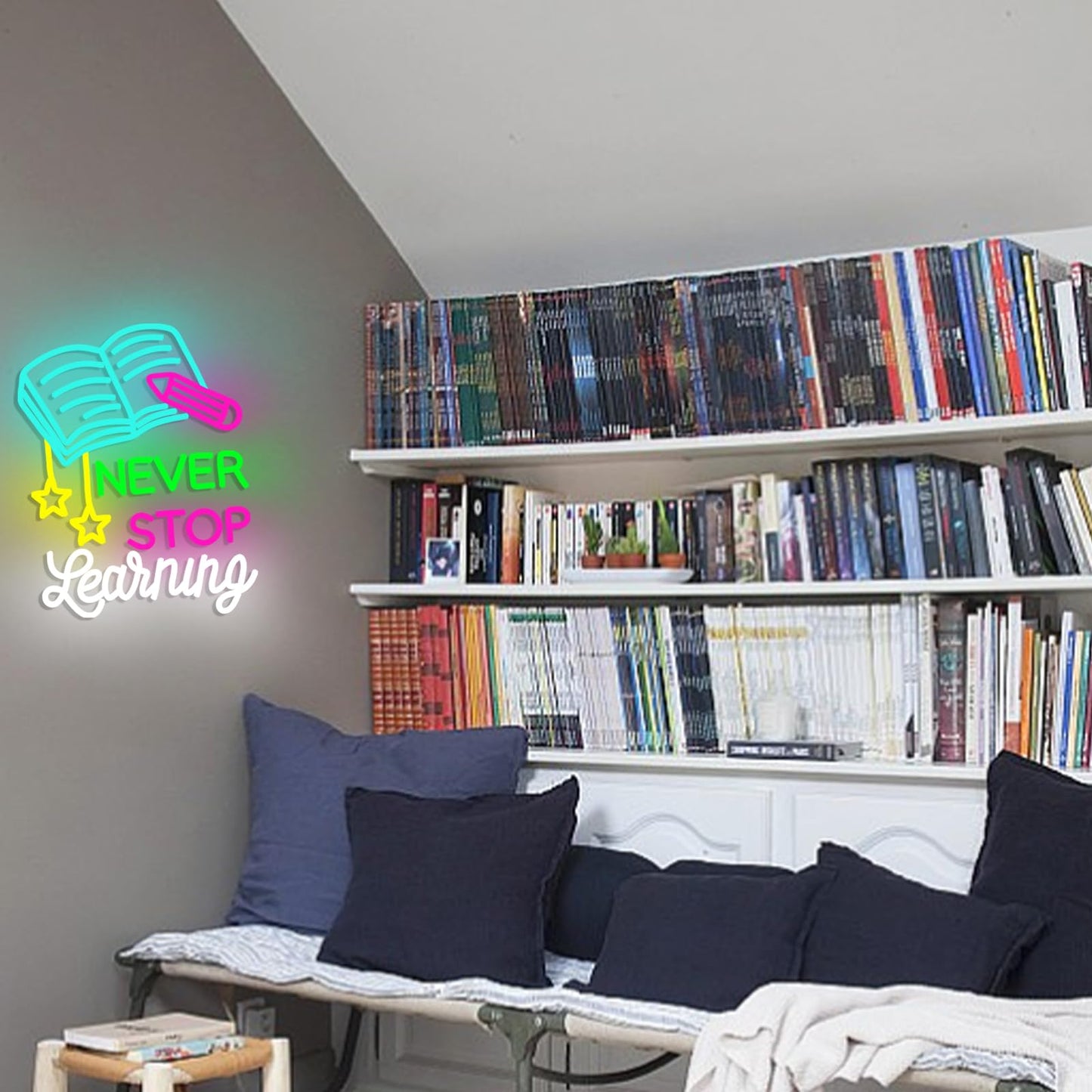 AEHEMNGZ Read Books Neon Sign Led Never Stop Learning Light Up Sign for Wall Decor Dimmable Positive Reading Book Neon Classroom Sign for Learning Room Bookstore Study Room Library