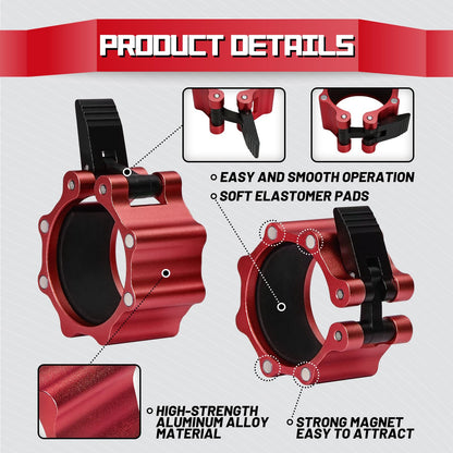 RitFit 2-Inch Magnetic Barbell Collars Locking Clamps - Heavy Duty Aluminum Alloy, Quick Release with Non-Slip TPR Pads for Olympic Weightlifting Powerlifting Training (Pair)，Red