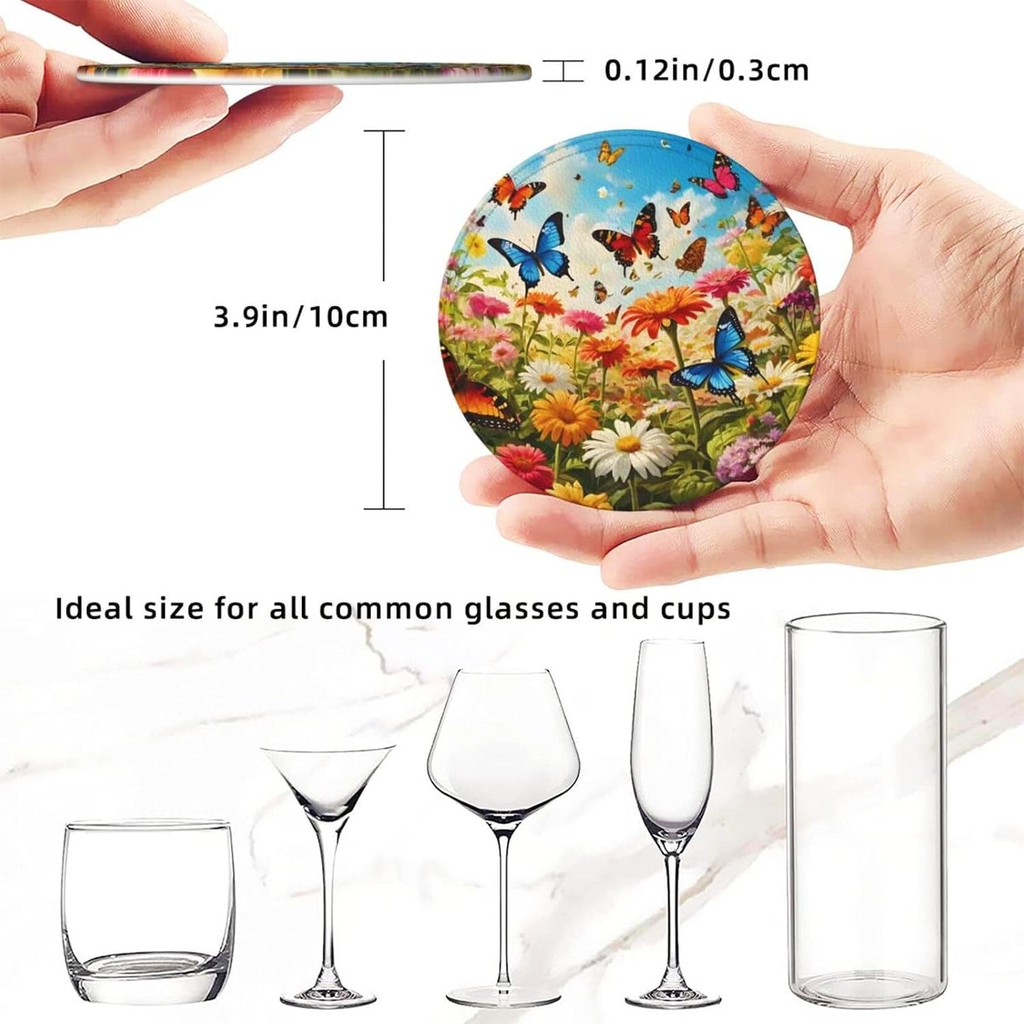 BOXIMIAO Drink Coasters with Holder Stand Set of 6, Bright Flower Butterfly Pu Leather Absorbent Coasters with Cork Base Table Coaster Round Coasters for Housewarming Apartment Kitchen Bar Decor