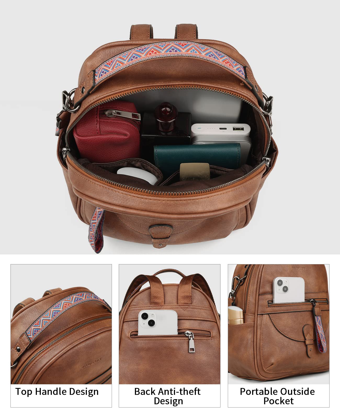FADEON Mini Backpack Purse for Women, Designer Leather Cute Roomly Small Backpacks, Ladies Shoulder Backpack Fashion Handbag
