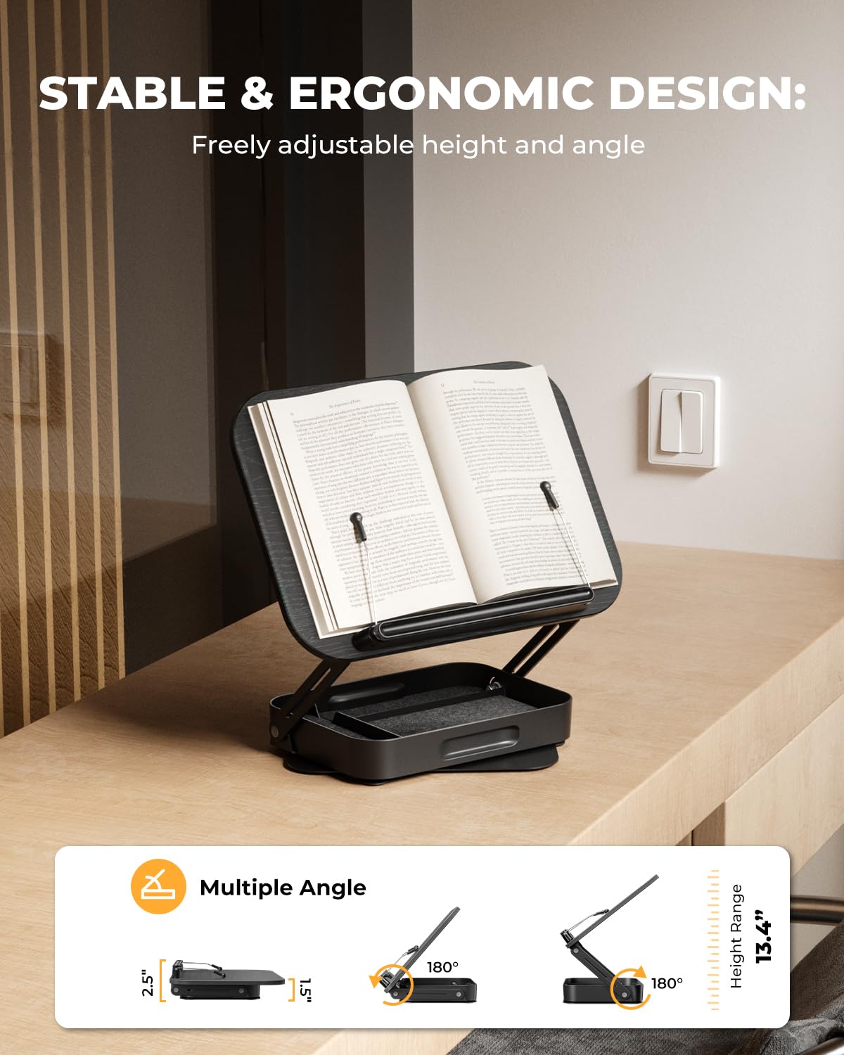 Adjustable Book Stand with Storage Drawer, 360° Rotating Book Holder, Height & Angle Adjustable, Extra-Wide Page Clips for Thick Books, Wood & Aluminum Book Stand for Desk, Study, Kitchen