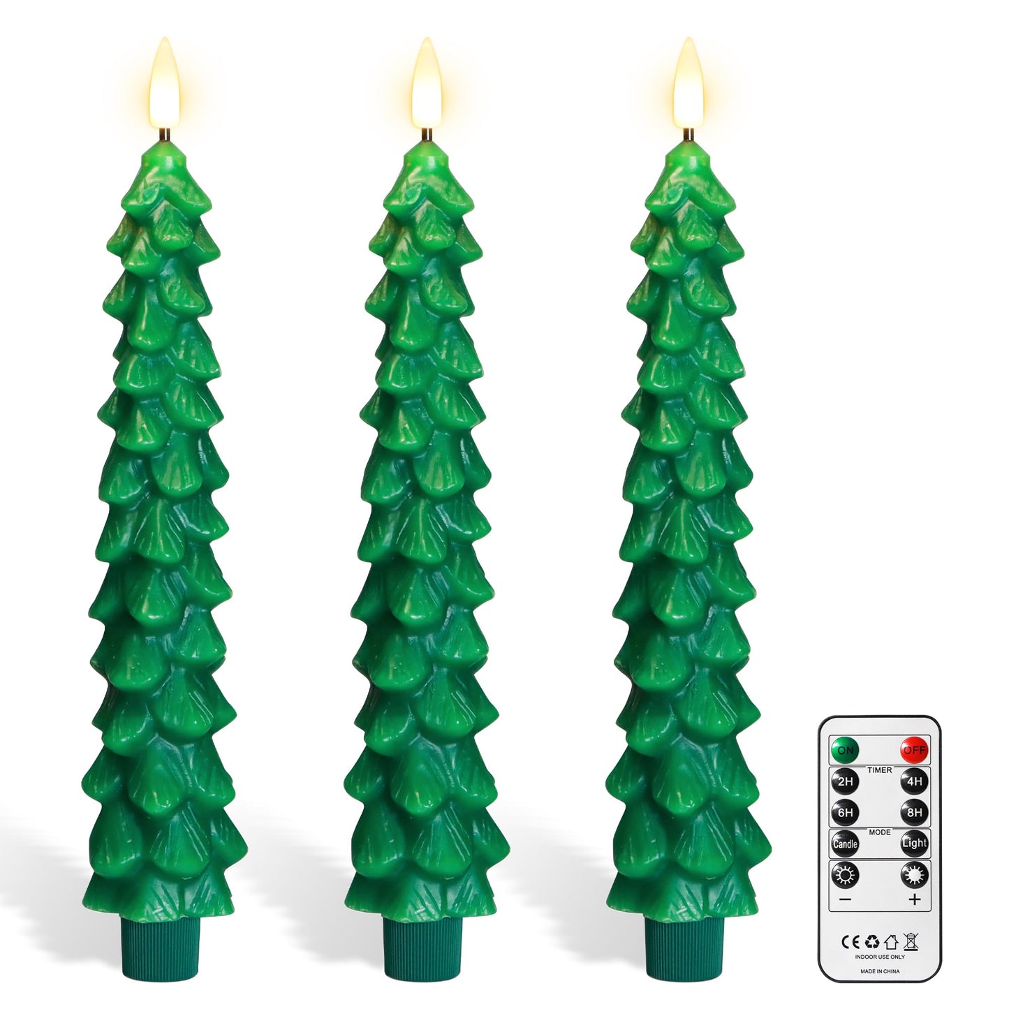 yunsheng 3Pcs Christmas Tree Candles with Remote Timer, Green Real Wax Flameless Taper Candles Flickering, 9.5 Inches Battery Operated LED Window Candle for Home Holiday Decor
