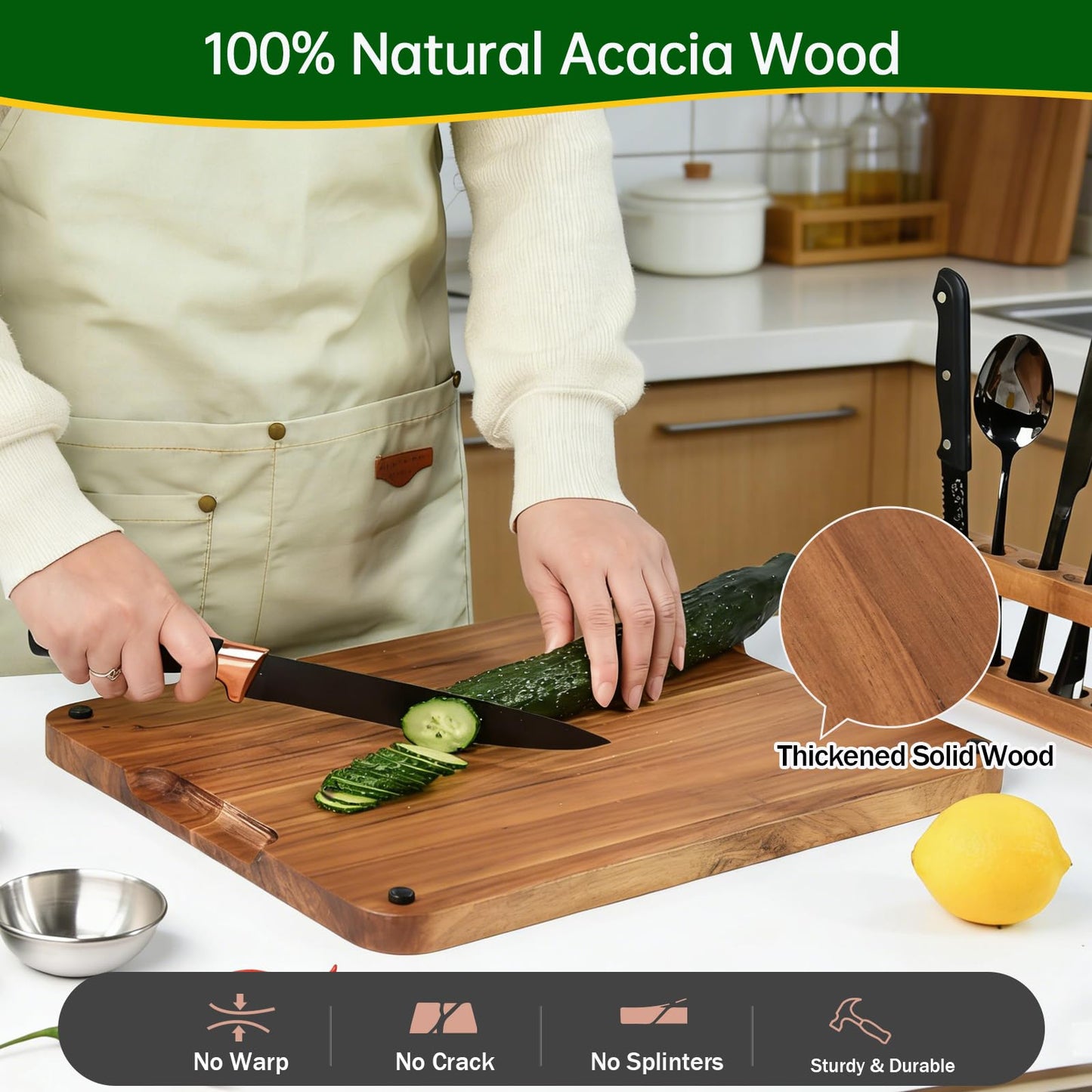 Acacia Wood Steak Board Set,16.5" Magnetic Charcuterie Board with Stainless Steel Scratch-Proof Cutting Surface Wooden Serving Platter with Cutlery & Sauce Cup for BBQ Dinner Party Housewarming Gift
