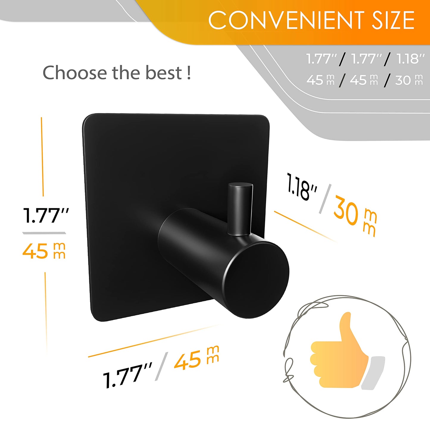 SAYONEYES Matte Black Self Adhesive Towel Hooks for Bathroom Wall Door Mounted - SUS304 Stainless Steel Strong Strips Stick on 3M Wall Hooks for Hanging Coat, Hat, Bag, Key, Jacket – 6 Pack