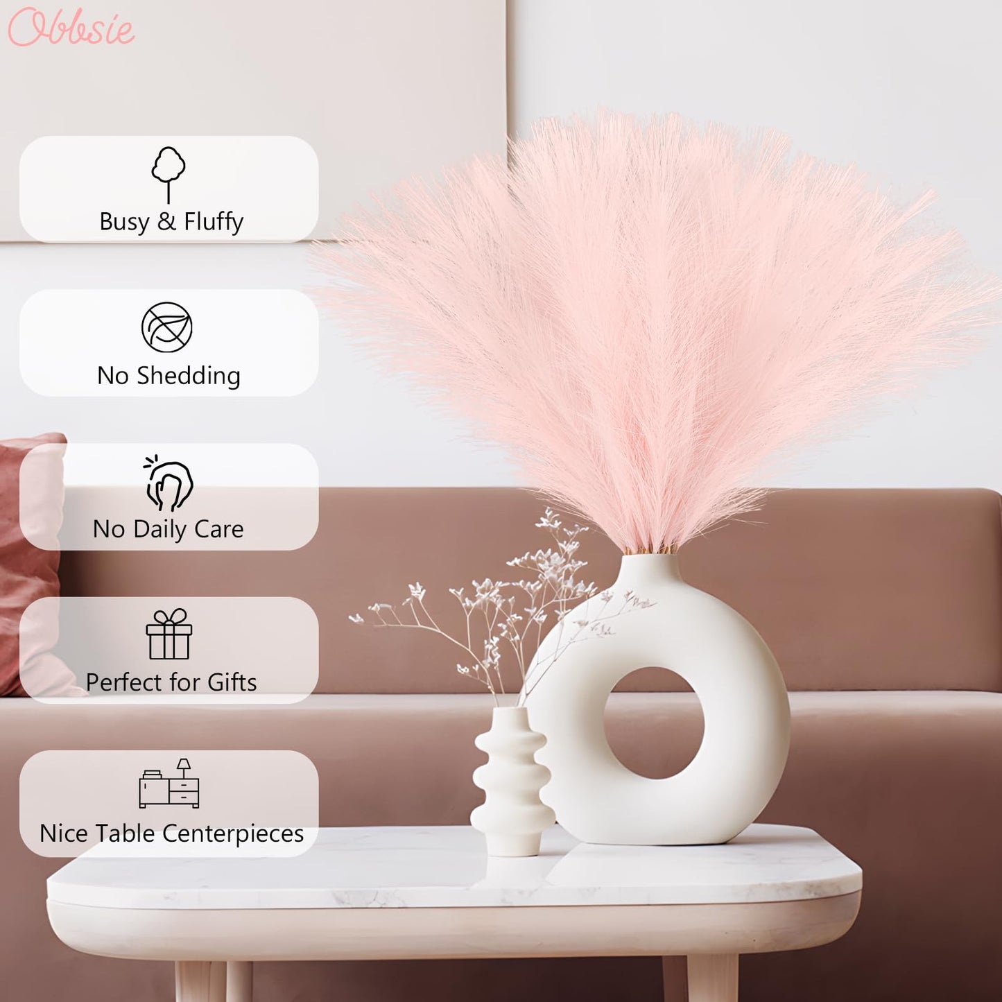 obbsie 50pcs Pink Faux Pampas Grass Decor, 21.6" Short Artificial Floral Branches Vase Filler Flower Arrangement for Home Wedding Boho Outdoor Decor