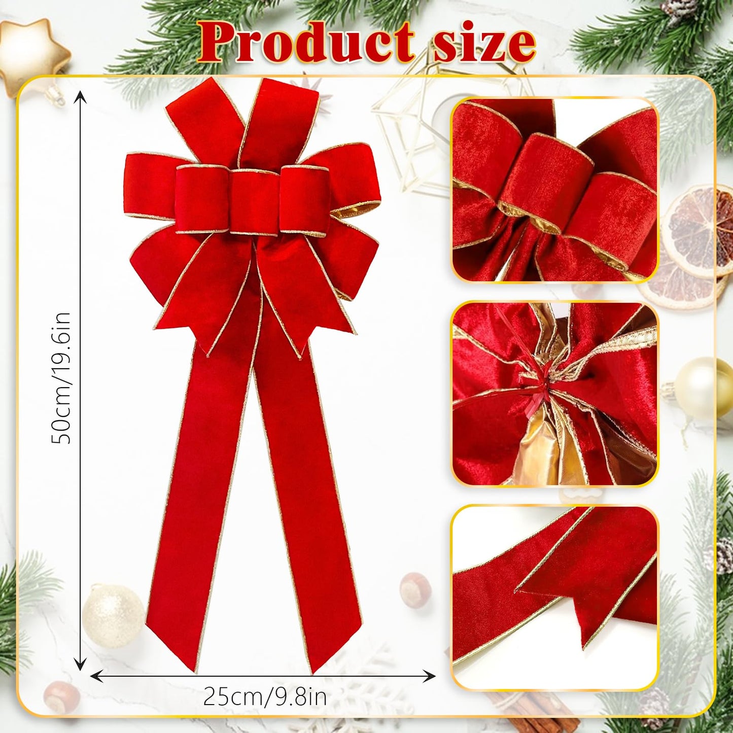 Red Velvet Christmas Bows with Gift Box, Gold Wired Red Bows for Wreath Floral, Christmas Tree Topper, Outside Bowknot Red Bow for Car Wall Garden Yard Front Door