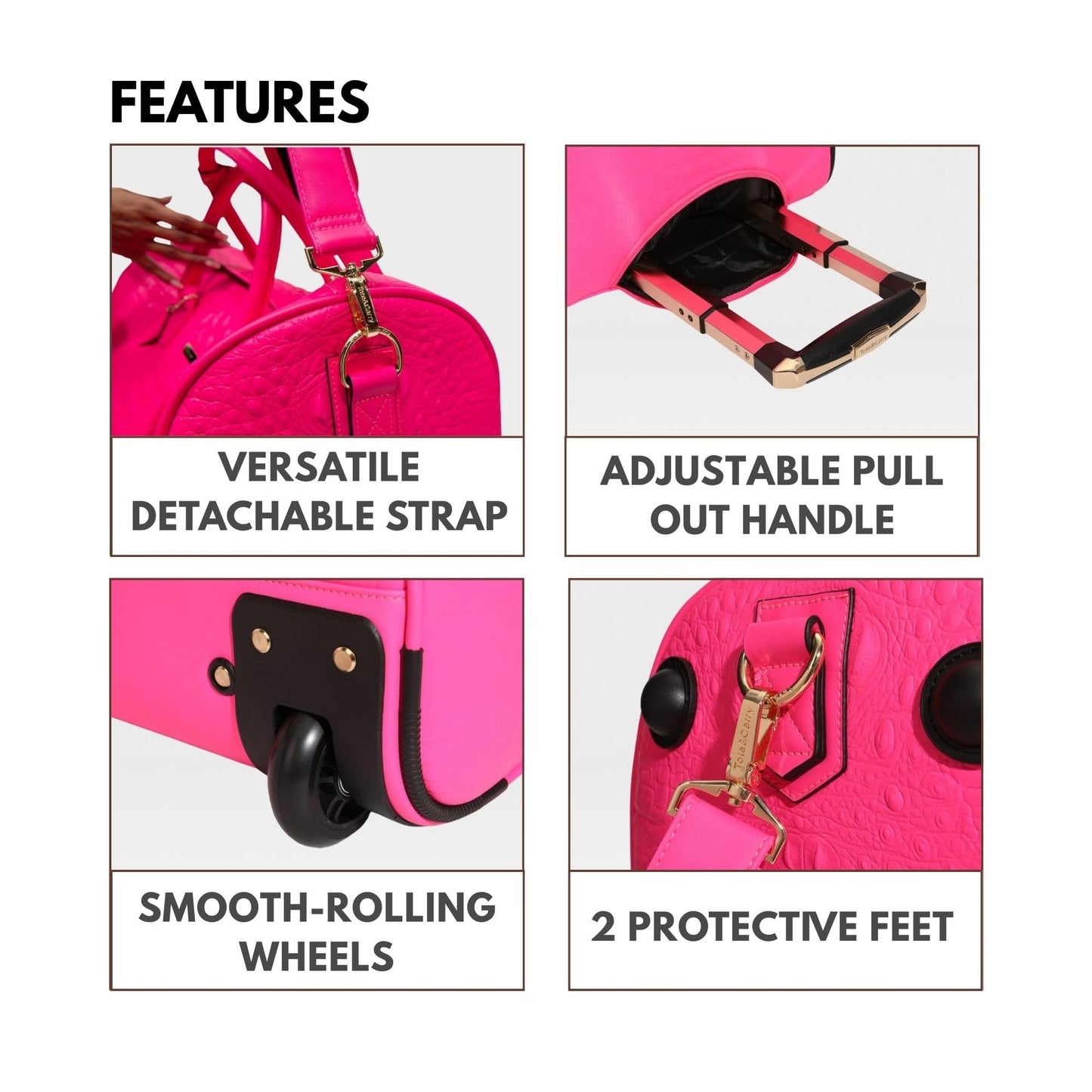 Tote&Carry Apollo 2 Large Rolling Duffle Bag with Wheels, Carry-On Roll Duffel for Travel, Gym, Sports, Daily, Weekend & All-Purpose Use for Men & Women (Crocodile Skin, Neon Pink)