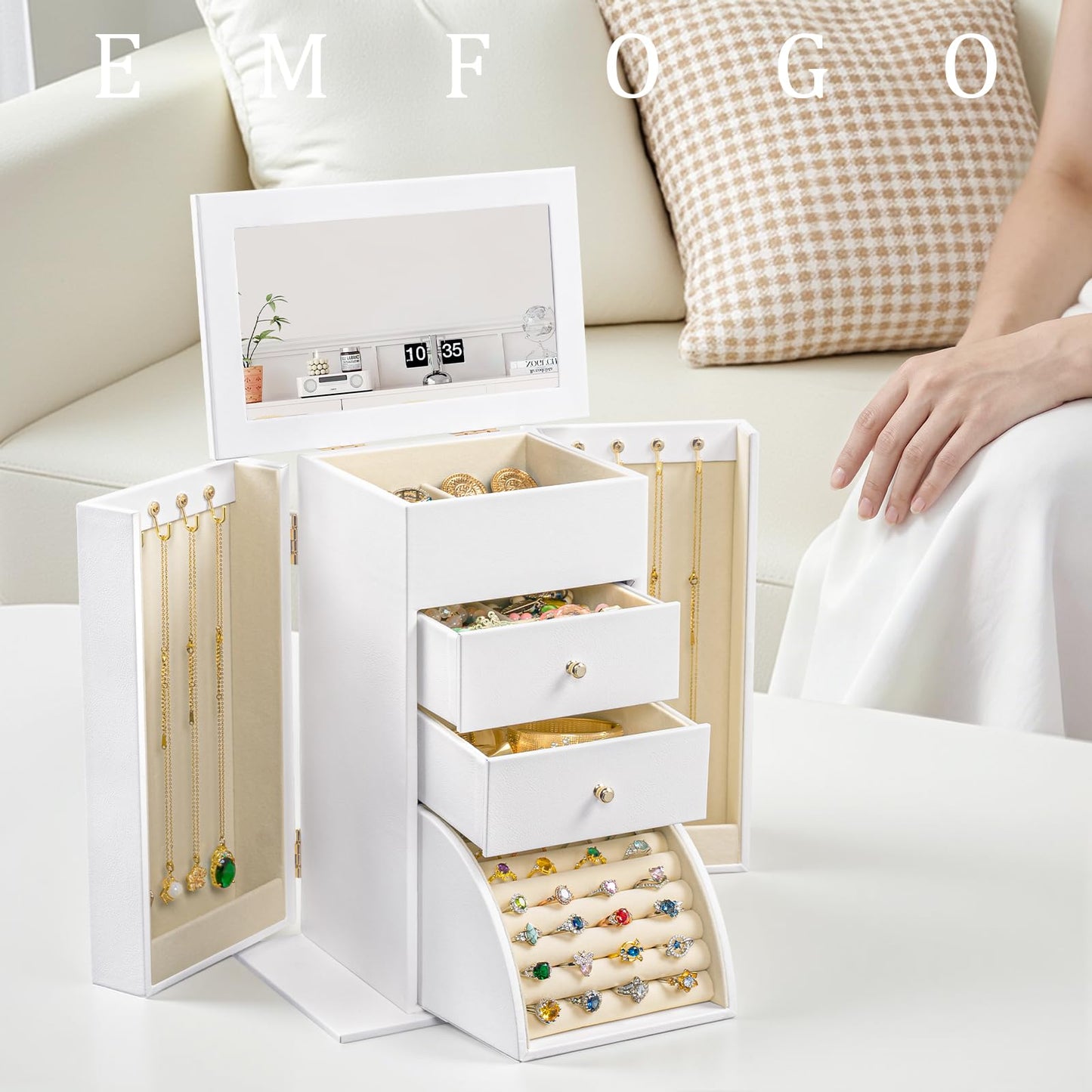 Emfogo Synthetic Leather Jewelry Box Organizer, Large Jewelry Boxes Storage with Mirror Velvet Interior, 4 Tier Jewlery Organizers for Women Girls Dedicated Slots for Ring Necklace (White)