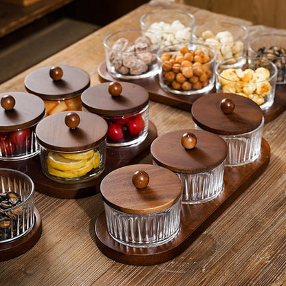 ANQIA Round Glass Snackle Box Container Snack Organizer and Fruit Platter with Acacia Wood Lids and Tray Divided Serving Tray for Nuts Candy Dry Fruits (4 Jars)