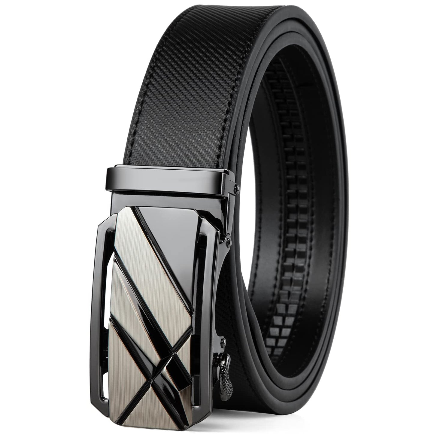 Drowsmen Leather ratchet belt 1 3/8" with Click Sliding Automatic Buckle, Adjustable belt Trim to Fit (Carbon Fiber M Belts, 28"-34" Waist Adjustable)