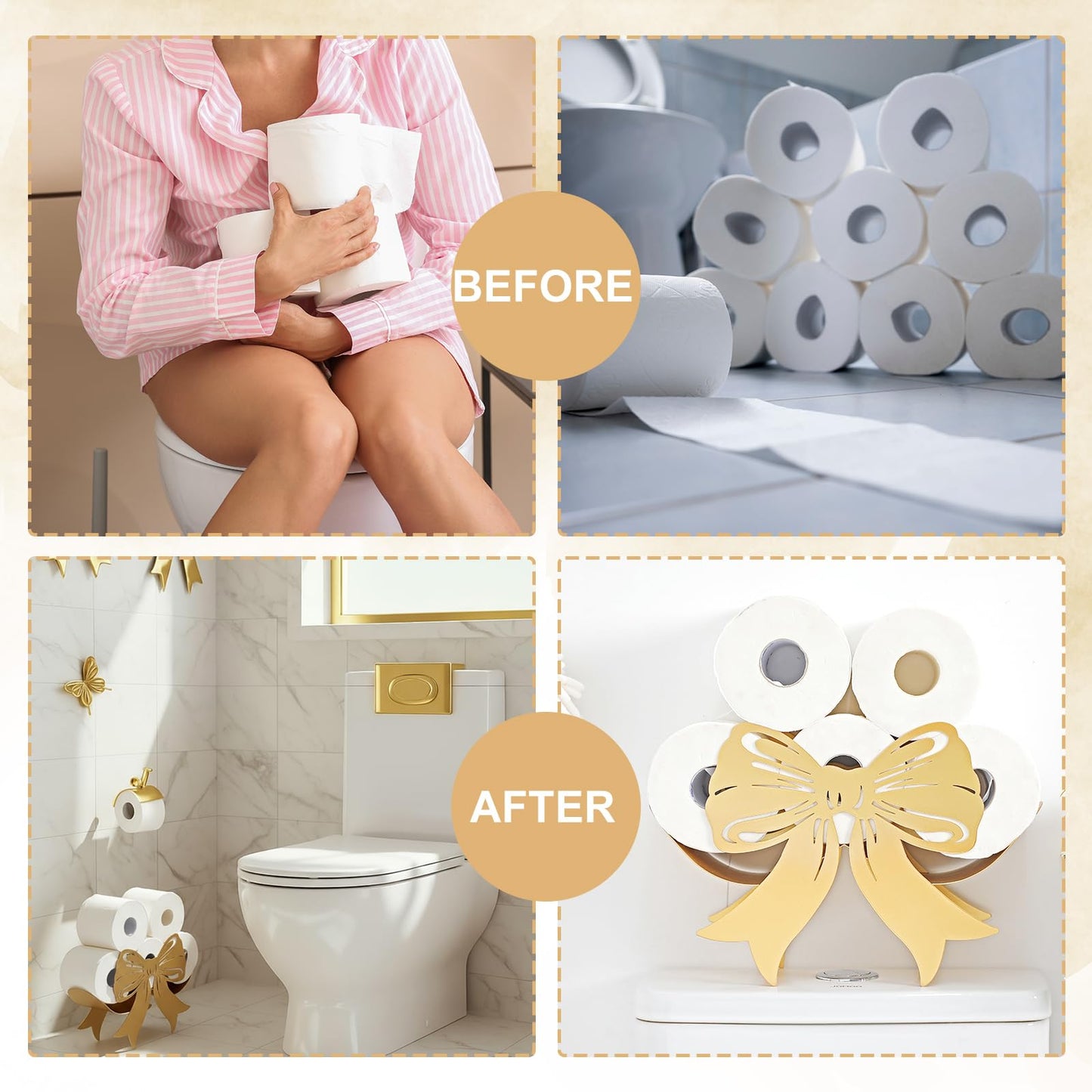 Geelin Bow Metal Toilet Paper Storage Holder Wedding Bow Bathroom Decor 8 Rolls Decorative Toilets Paper Holder Wall Mounted for Bathroom Kitchen Bedroom Coquette Home Decor(Gold)