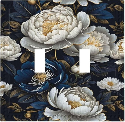 White Gold Blue Flower Light Switch Covers Double Toggle 2 Gang Wall Plate Dual Decorative Switchplate Electrical Faceplate for Farmhouse Living Room Decor