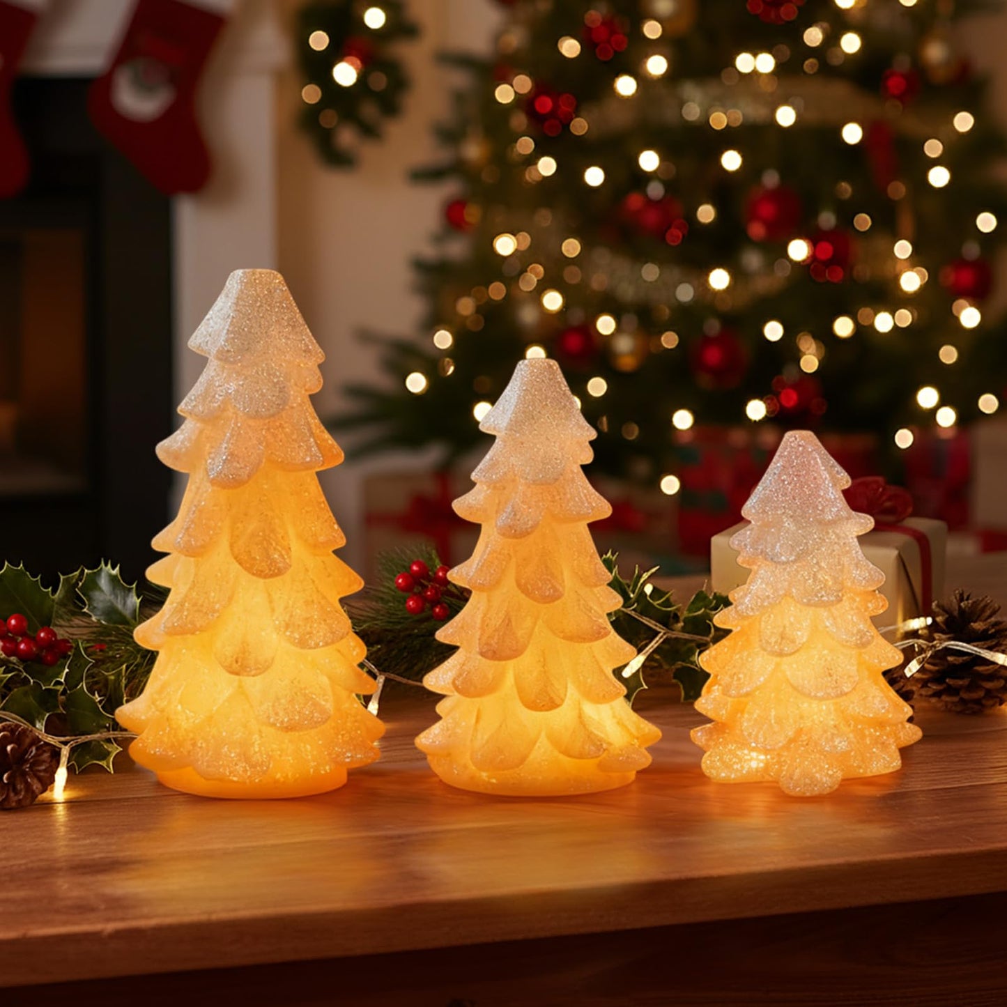 Peninpha 3Pcs Christmas Tree Candles with Remote Timer, Flickering Real Wax LED Flameless Candles Battery Operated for Xmas Winter Décor, White Glittering