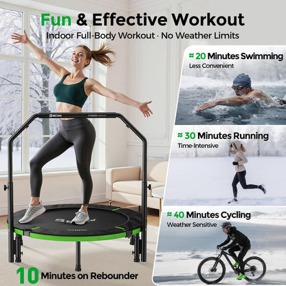 BCAN 40" Foldable Mini Trampoline, Rebounder Trampoline for Adults, Adjustable Foam Handle, Exercise Rebounder for Adults Indoor/Garden Workout, Max Load 330lbs, Green