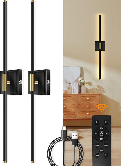 Battery Operated Wall Sconces with Remote Control, Dimmable Wall Sconces Set of Two, 3000K-6500K LED Wireless Picture Lights for Wall, Bedroom, Hallway, Living Room, 350°Rotate, 24.4 Inch(2 Pack)