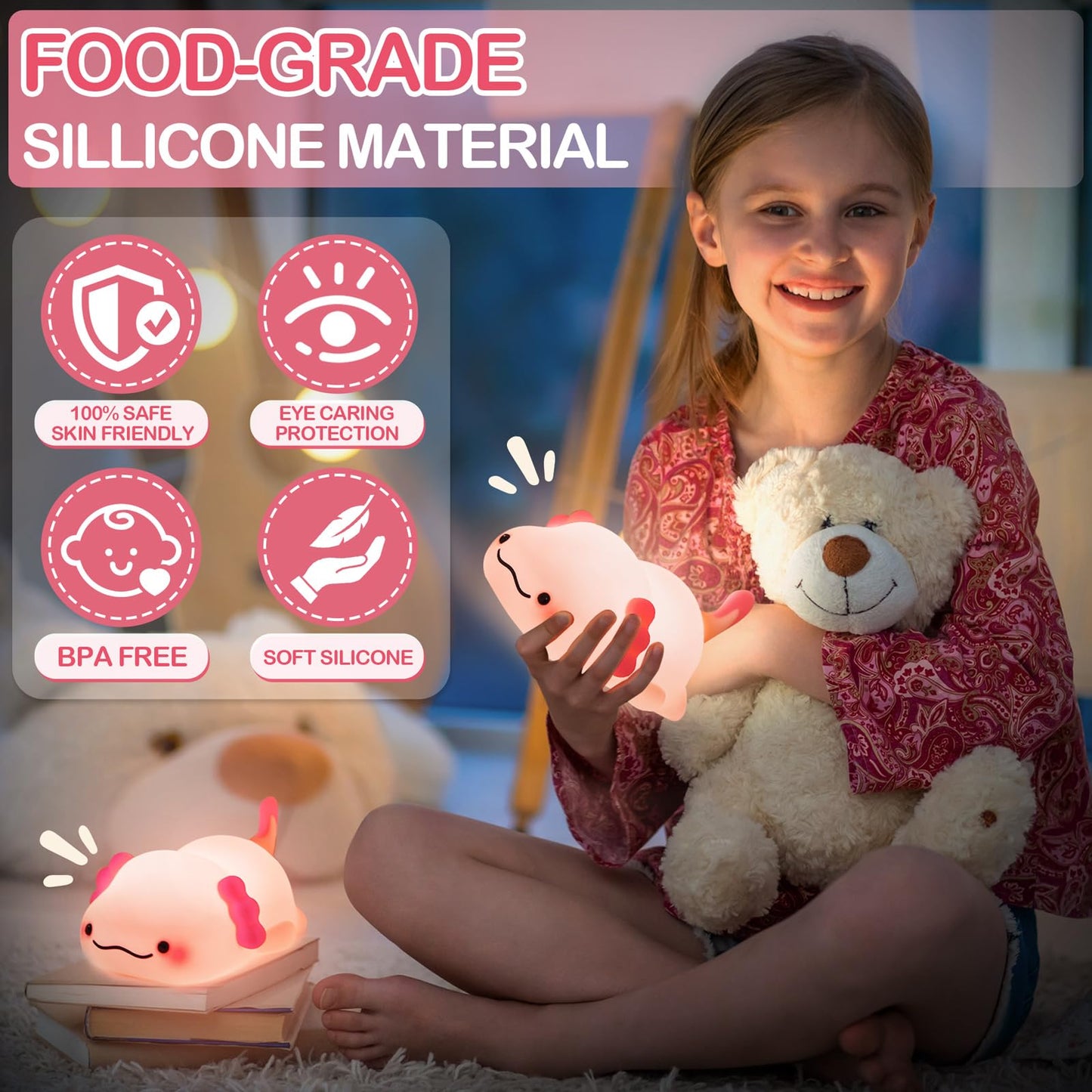 LettreQ Axolotl Night Light for Kids, Rechargeable Cute Squishy lamp - Silicone Adorable Christmas Axolotl Gifts for Kids - Nightlight Nursery Animal Touch Light - Bedroom Decor for Boy, Girls