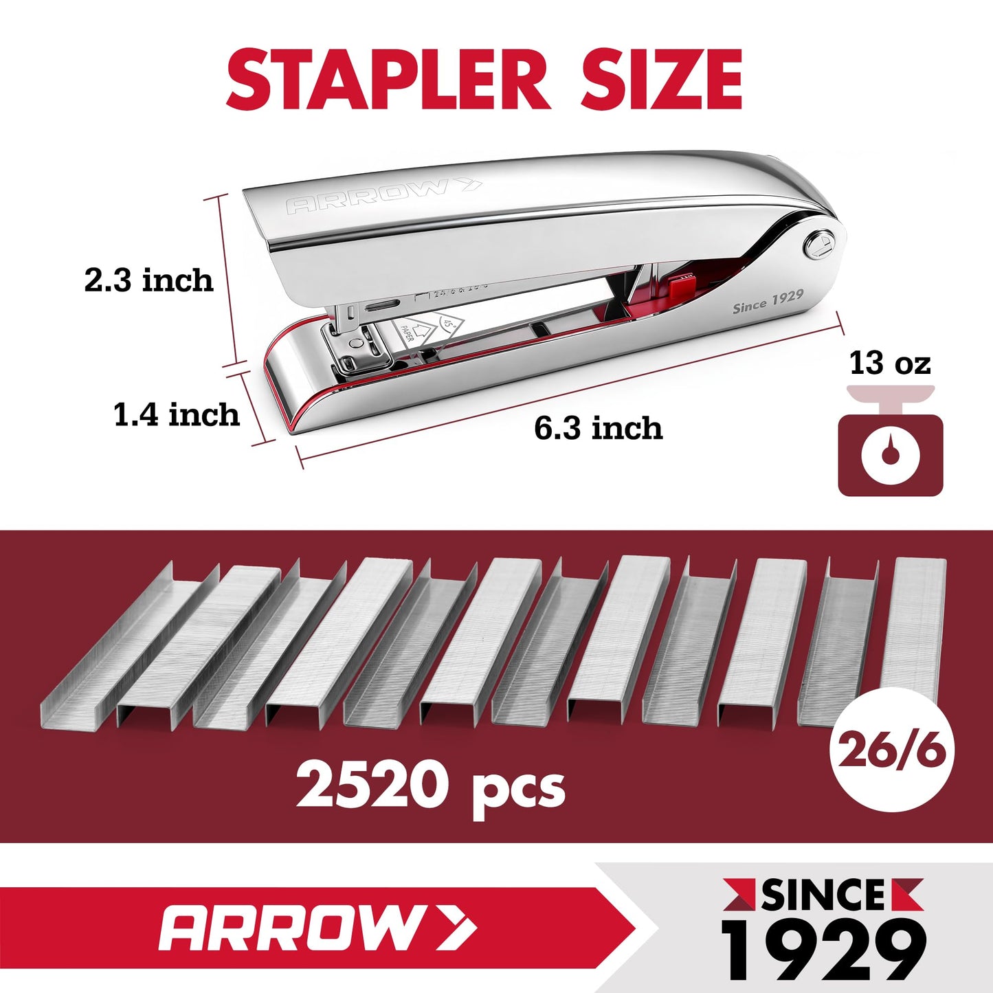 Arrow Metal Stapler, Full-Strip Stapler for Desk with 2520 Staples, 25 Sheet Capacity, Rear Staple Storage, Dual-Mode Anvil, Non-Slip Base, for Office, Classroom, and School