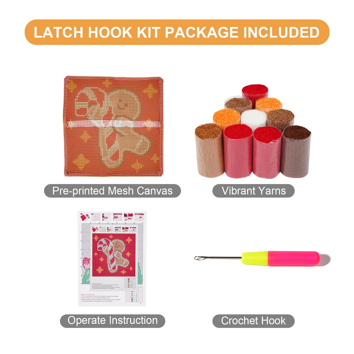 QIONG MENG Latch Hook Kits for Adults, DIY Christmas Gingerbread Pattern Pillow Cover Kit Needlework Cushion Cover Hand Craft Crochet for Home Sofa Decorations 17 x 17 Inch