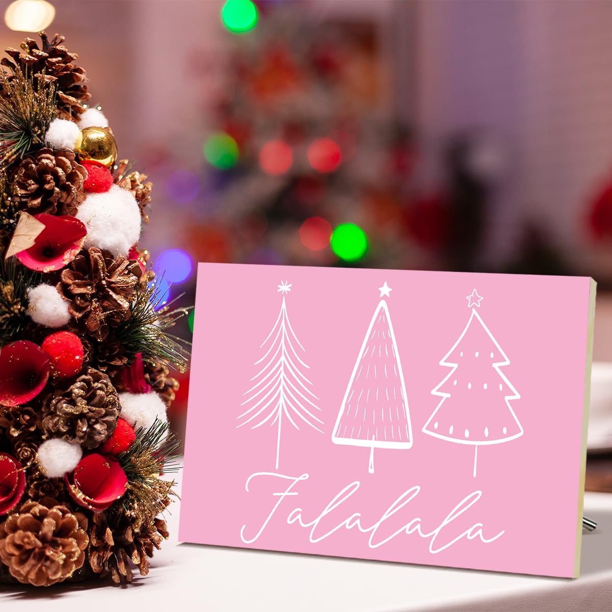 Falalala Merry Christmas Signs for Festival Wall Decoration Christmas Tree Wood Xmas Tabletop Decor for Table Desk Mantle Shelf Pink Wall Art for Xmas Party Kitchen Decor - JK0387