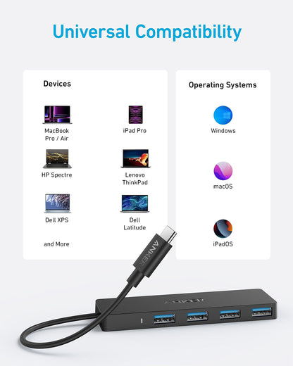 Anker 4-Port USB 3.0 Hub with 5Gbps Data Transfer, Ultra-Slim USB-C Connector Hub, for MacBook, iMac, Surface, Mobile HDD, and More (2 ft USB-C Connector, Charging Not Supported)