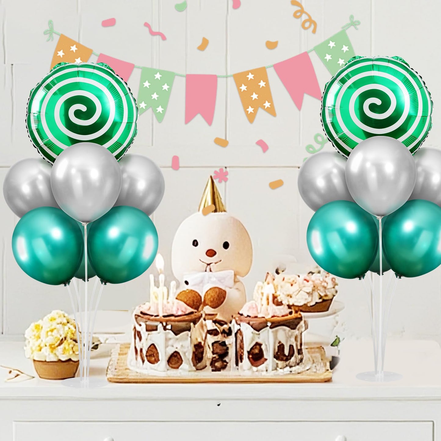 2 Sets Red White Lollipop Balloon Stand Kit, 18 Inch Swirl Foil Balloons Table Centerpieces for Candyland Birthday Party Decorations, Baby Shower, Sweet Candy Themed Party Supplies-Green