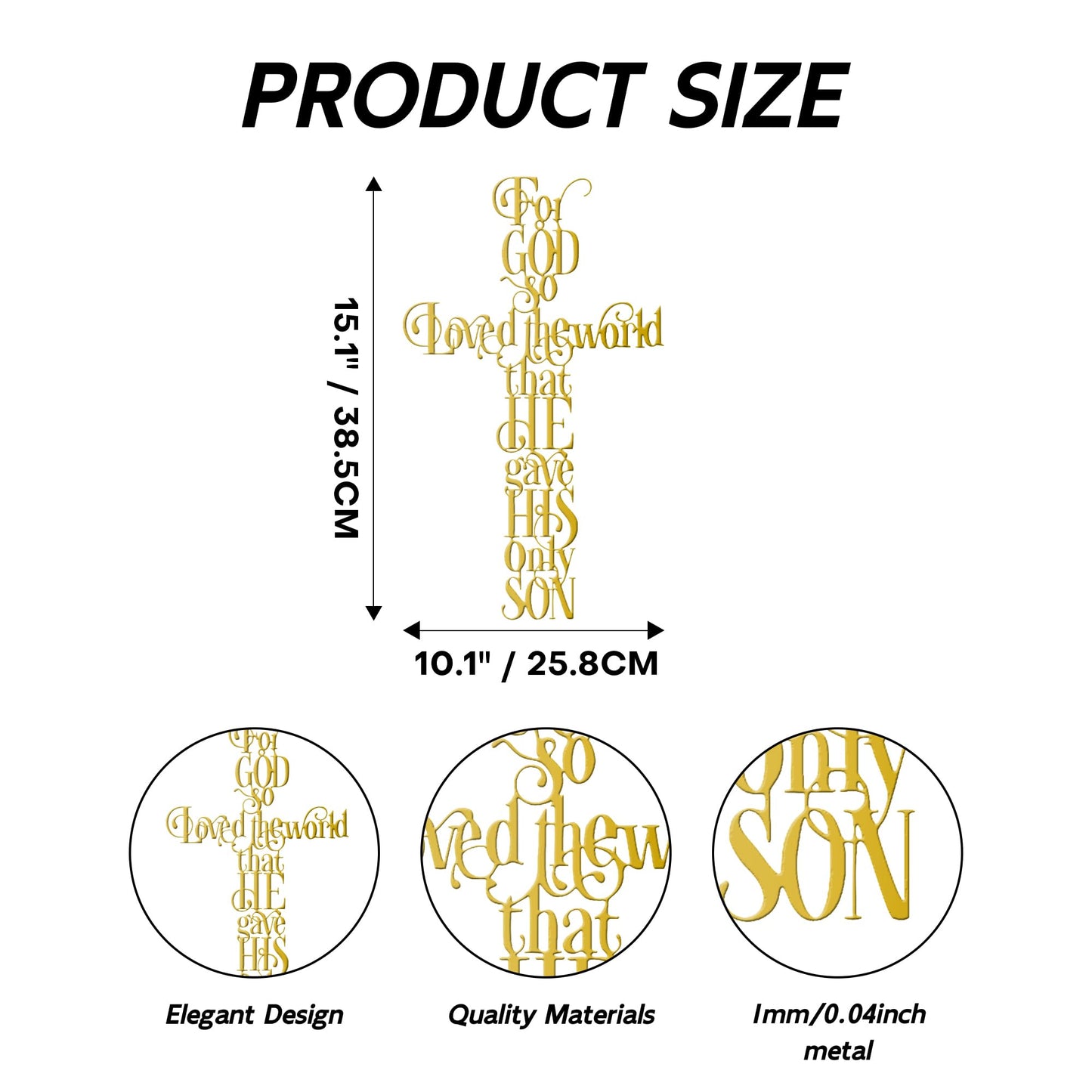 Rajukit Jesus Wall Art, Gold Cross Wall Decor with For God So Loves the World Quote, Religious Cross Decor for Home, Office, Cafe, Elegant Metal Wall Sculpture Gift