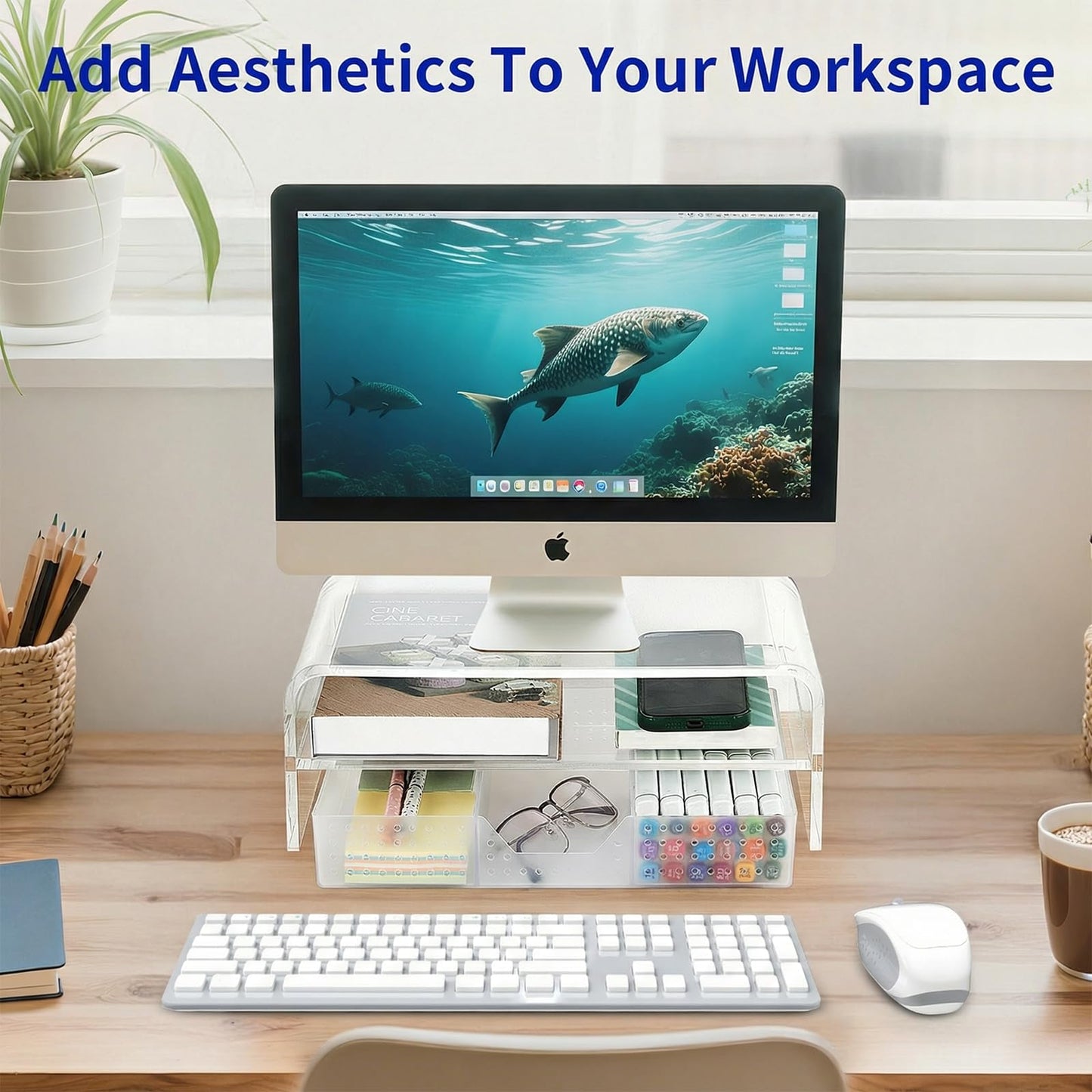 OPNICE Acrylic Clear Desk Organizers and Accessories, 2-Tier Computer Monitor Stand Riser with Drawer, Laptop Stand, Office Desk Accessories for Office Supplies, Transparent