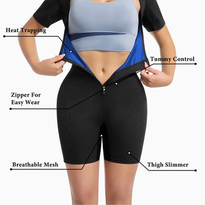Meiosuns Sauna Suit for Women Ribbed Full Body Sweat Suits Weight Loss Jumpsuit Waist Trainer Shaper 4 in 1 Slimming Heat Trapping Sweat Shirt for Belly Fat Workout Gym Shapewear (Blue, L)
