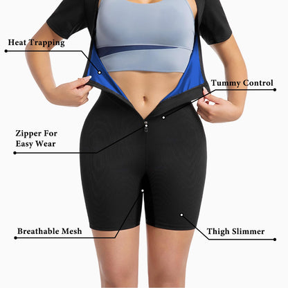 Meiosuns Sauna Suit for Women Ribbed Full Body Sweat Suits Weight Loss Jumpsuit Waist Trainer Shaper 4 in 1 Slimming Heat Trapping Sweat Shirt for Belly Fat Workout Gym Shapewear (Blue, M)