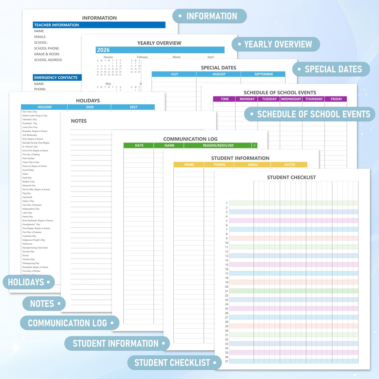 Teacher Planner 2026-2027, Jul 2026-Jun 2027 Academic Year, 8.5" x 11" Lesson Planner Book for Teacher Calendar, Spiral Bound Planners, Planning Stickers, Colorful Monthly Tabs, BlueCheckered