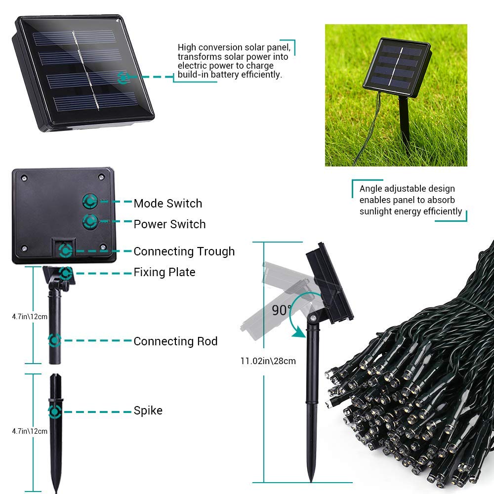 Solar Christmas Lights Outdoor, 33ft 100 LED Solar Fairy String Lights 8 Modes Waterproof Xmas Lights for Garden, Patio, Home, Party, Wedding, Holiday, Tree, Bush, Wreath, Outdoor Decor (Green)