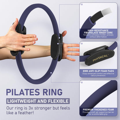PhysKcal Pilates Ring Set, 15-Inch Magic Circle with 1x Core Ball, 3X Resistant Loop and 2X Flex Band, Mat Pilates at Home Essential Kit (Navy)