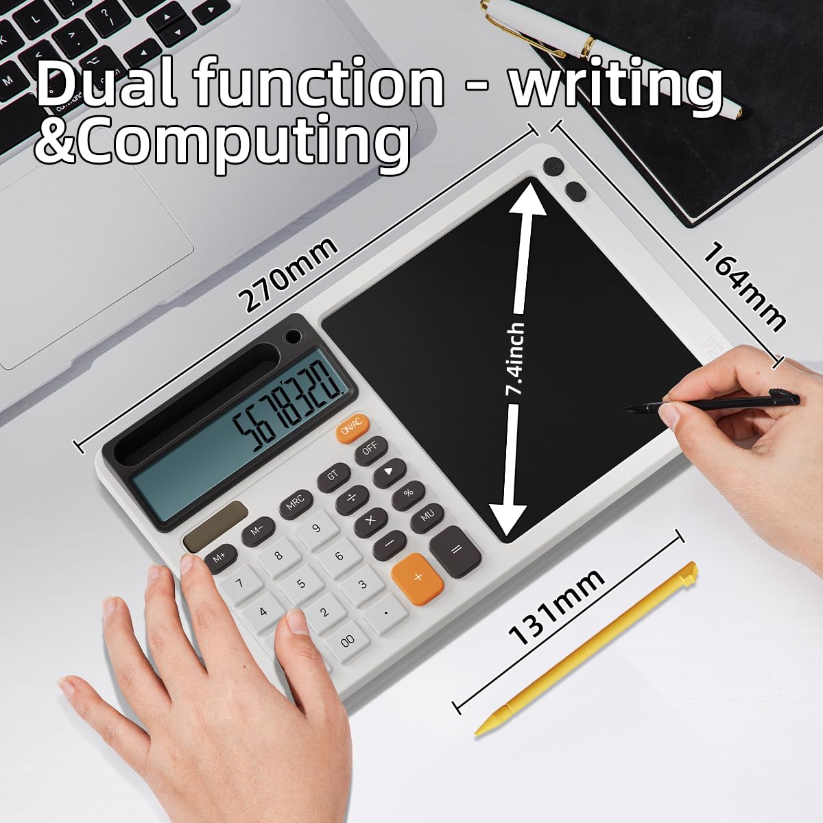 DPEDUAI Solar Desk Calculator with 7.5 inc LCD Writing Membrane, 15° Tilt for Easy Reading, Integrated Phone Stand, Voice & Silent Modes, Anti-Slip Pads for Stability, Ideal for Office & Study Use