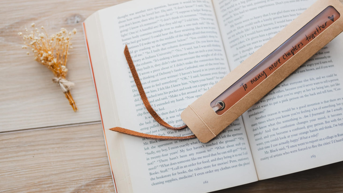 Engraved Leather Bookmark - to Many More Chapters Together, Book Club Reading Page Marker, Gift for Book Lover Nerd Bookworm Wife Girlfriend Fiance Third Year Wedding Anniversary Engagement